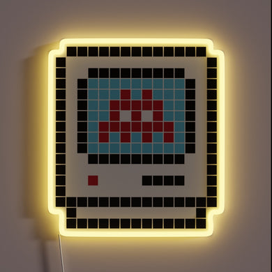 Neon RGB pixel art invasion themed Apple logo display decoration.