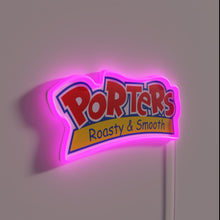 Charger l&#39;image dans la galerie, RGB illuminated sign reading &#39;Porters Roasty &amp; Smooth&#39; bar decoration.