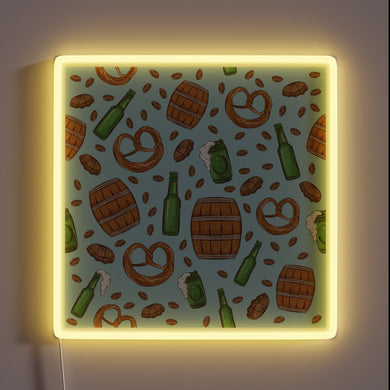 Vibrant Neon Sign with Pretzel Rods and Mugs in Sky Blue