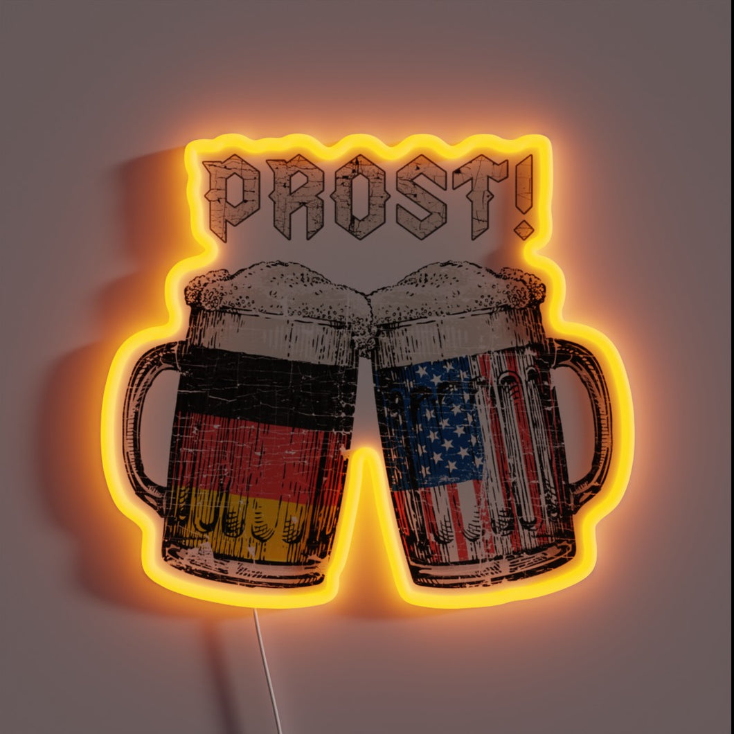 Beer-tastic celebration of German and American friendship illuminated in neon.