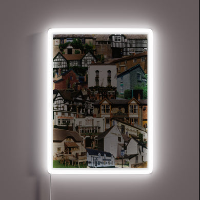 RGB neon sign featuring iconic pubs of Herefordshire in glow.
