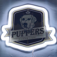 Charger l&#39;image dans la galerie, Puppers Officially Wayne&#39;s Favourite Beer RGB neon sign glowing with vibrant, colorful lights, a must-have for fans of Wayne and beer lovers alike