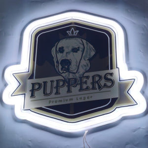 Puppers Officially Wayne's Favourite Beer RGB neon sign glowing with vibrant, colorful lights, a must-have for fans of Wayne and beer lovers alike