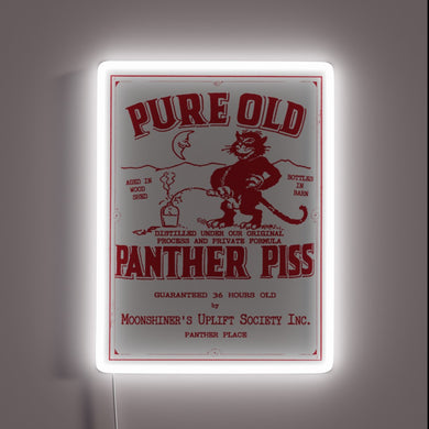 Neon bar decoration with retro 'Pure Old Panther Piss' branding