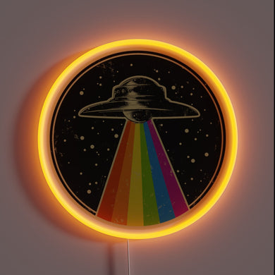 This neon sign features a retro UFO beaming down a rainbow — the perfect blend of sci-fi vibes and **pride celebration**. A bold and colorful statement piece for anyone who wants their wall art to scream *