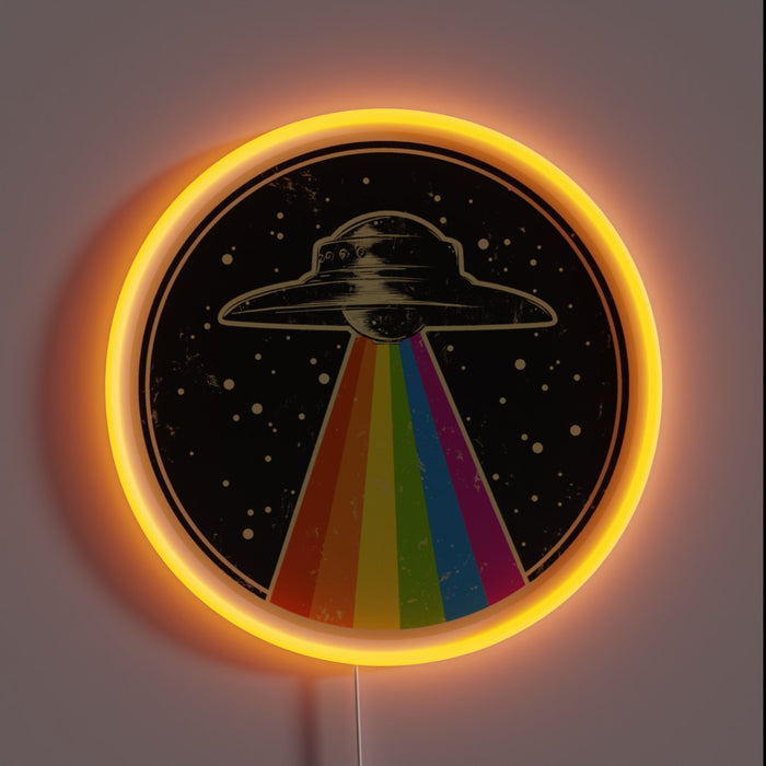 This neon sign features a retro UFO beaming down a rainbow — the perfect blend of sci-fi vibes and **pride celebration**. A bold and colorful statement piece for anyone who wants their wall art to scream *