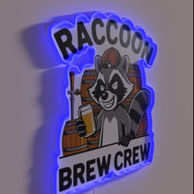 Charger l&#39;image dans la galerie, Whimsical raccoon-themed bar sign in colorful RGB neon lighting