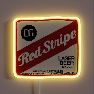 Neon red striped transparent sign with bold pop of color