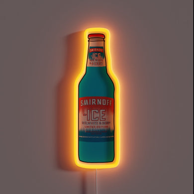 Neon sign shaped like a Smirnoff Ice Red, White & Berry bottle with orange glow.
