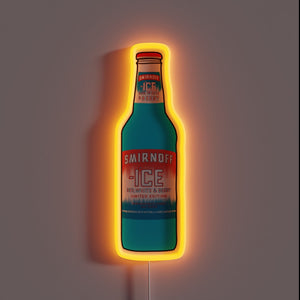 Neon sign shaped like a Smirnoff Ice Red, White & Berry bottle with orange glow.
