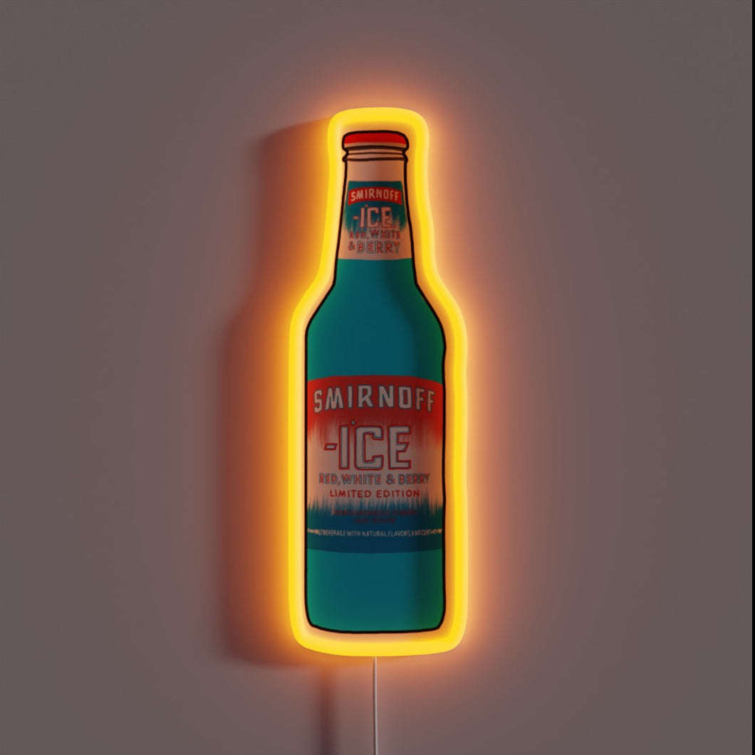 Neon sign shaped like a Smirnoff Ice Red, White & Berry bottle with orange glow.
