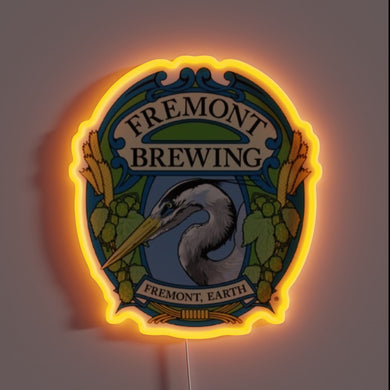 Fremont Brewing neon sign with a bold heron centerpiece and rich earth tones – perfect for craft beer fans and Seattle brewery lovers.