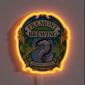 Fremont Brewing neon sign with a bold heron centerpiece and rich earth tones – perfect for craft beer fans and Seattle brewery lovers.