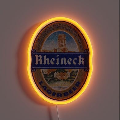 Neon beer coaster with colorful RGB lighting and Rheineck Lager branding.