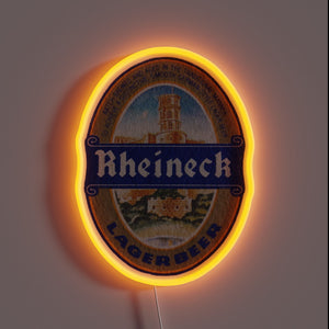 Neon beer coaster with colorful RGB lighting and Rheineck Lager branding.