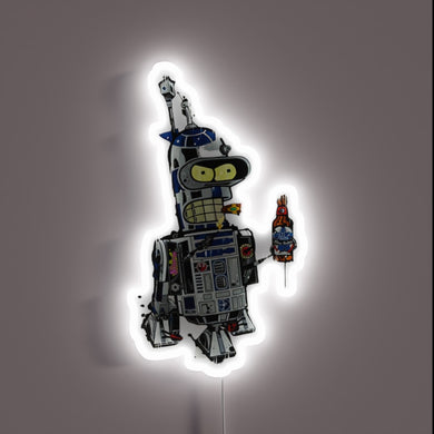 RGB illuminated neon sign of robot enjoying a cold beer