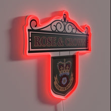 Charger l&#39;image dans la galerie, Retro-style RGB neon pub sign featuring rose and crown emblem.