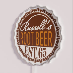 Vibrant RGB Neon Sign Featuring Russell's Root Beer Vintage Bottle Caps