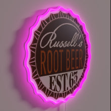 Charger l&#39;image dans la galerie, Glowing RGB neon sign featuring vintage Russell&#39;s Root Beer bottle cap