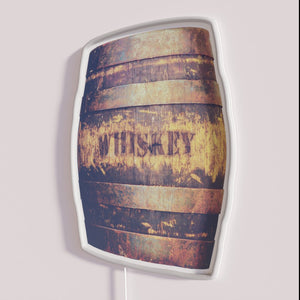 Rustic American whiskey barrel themed LED neon signage decor accent.