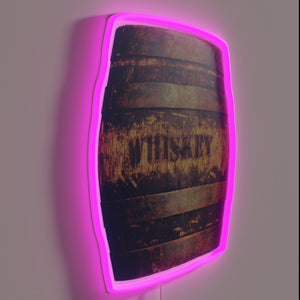 Rustic whiskey barrel design illuminated with vibrant RGB neon lighting