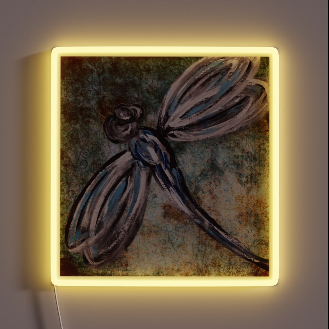 Vibrant, handcrafted rustic dragonfly art with RGB LED glow accents.