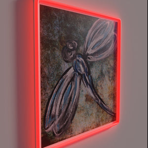 Whimsical rustic dragonfly art in vibrant RGB neon lighting glow
