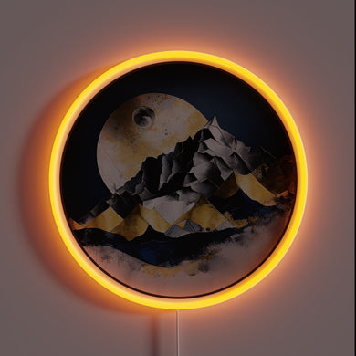 Glowing Neon Sign Featuring Hand-Painted Shadows of Majestic Mountain Ranges
