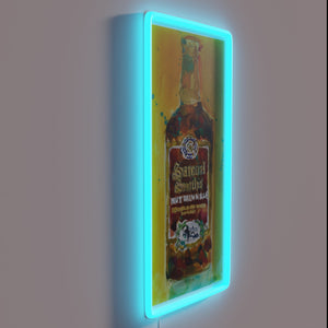 Neon illuminated beer bottle design, Sam Smith's Nut Brown Ale logo.