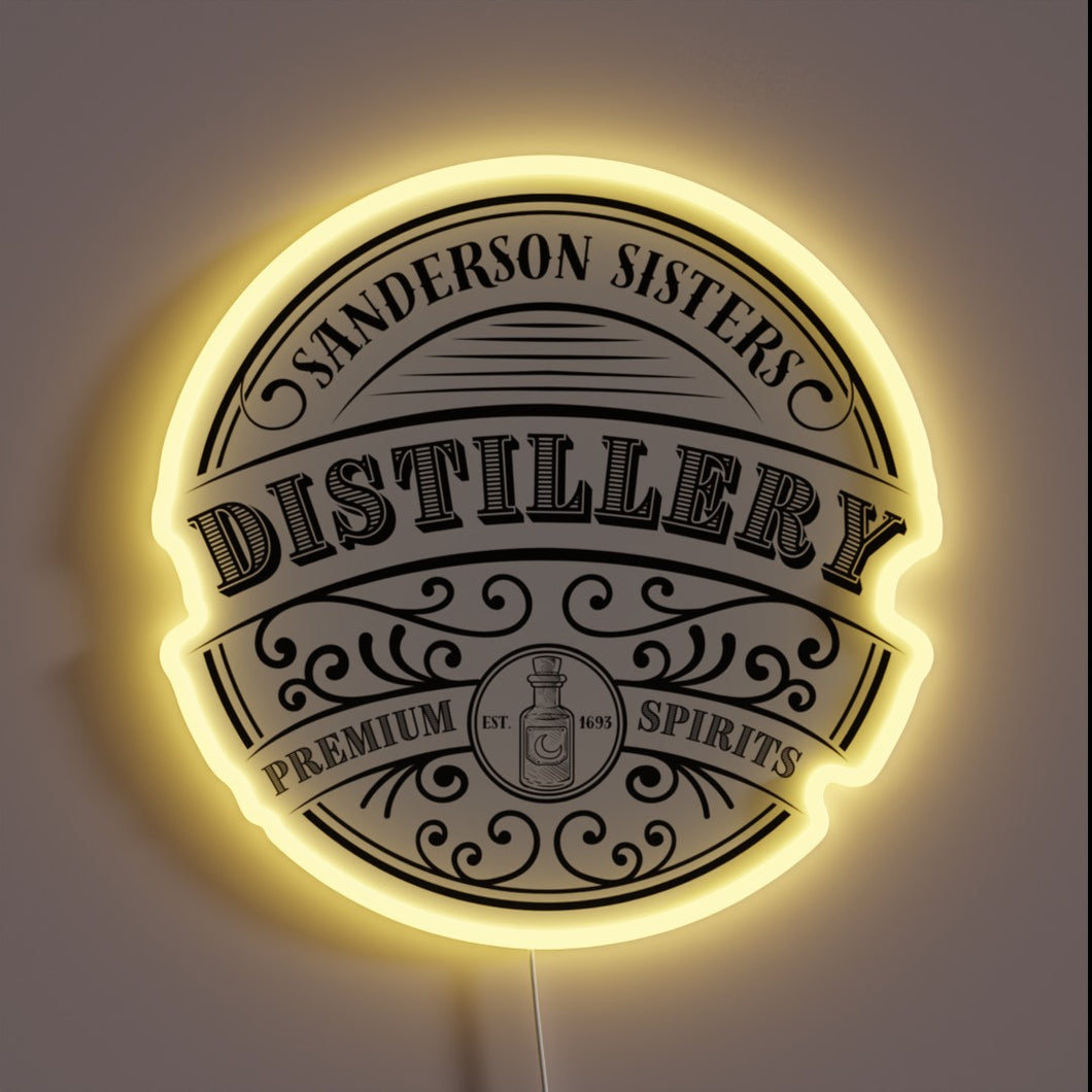 Vibrant RGB glow illuminates Sanderson Sisters Distillery logo with eerie charm.