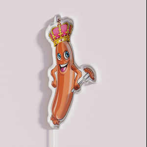 Neon German-themed party decorations, colorful Oktoberfest sausage king illuminated sign