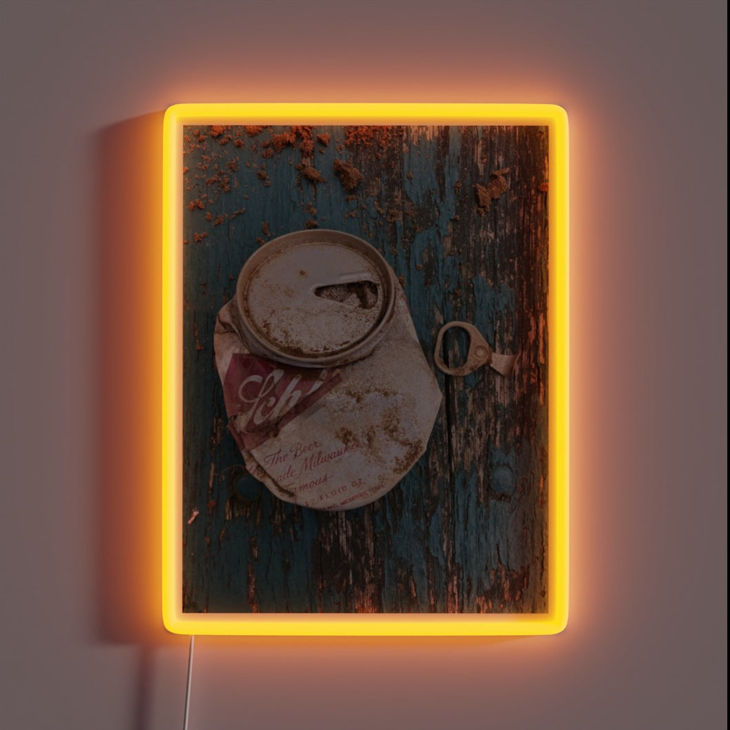 Vibrant LED light art featuring iconic Schlitz beer can design