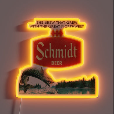Nostalgic beer advertisement with retro defunct Schmidt logo in neon.