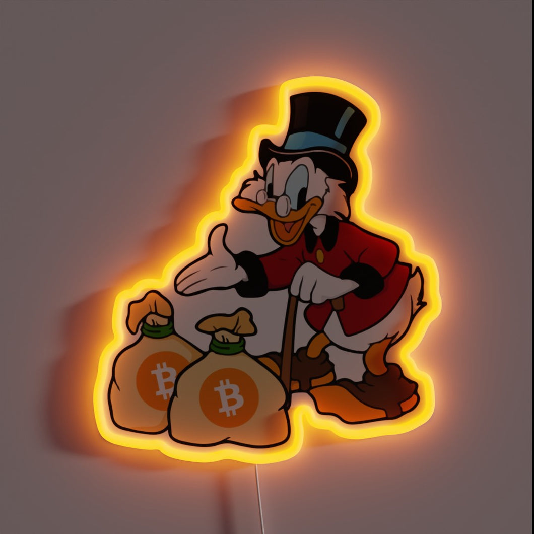 Scrooge McDuck neon sign with Bitcoin money bags in bold cartoon style.