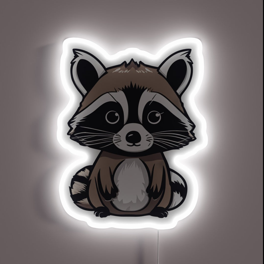 Whimsical semi-realistic raccoon in vibrant RGB neon lighting display.