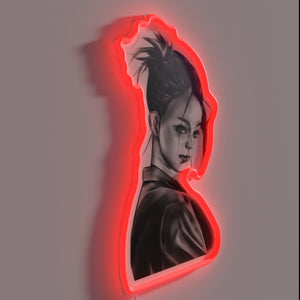 Vibrant semi-realistic portrait of an Asian woman in neon light
