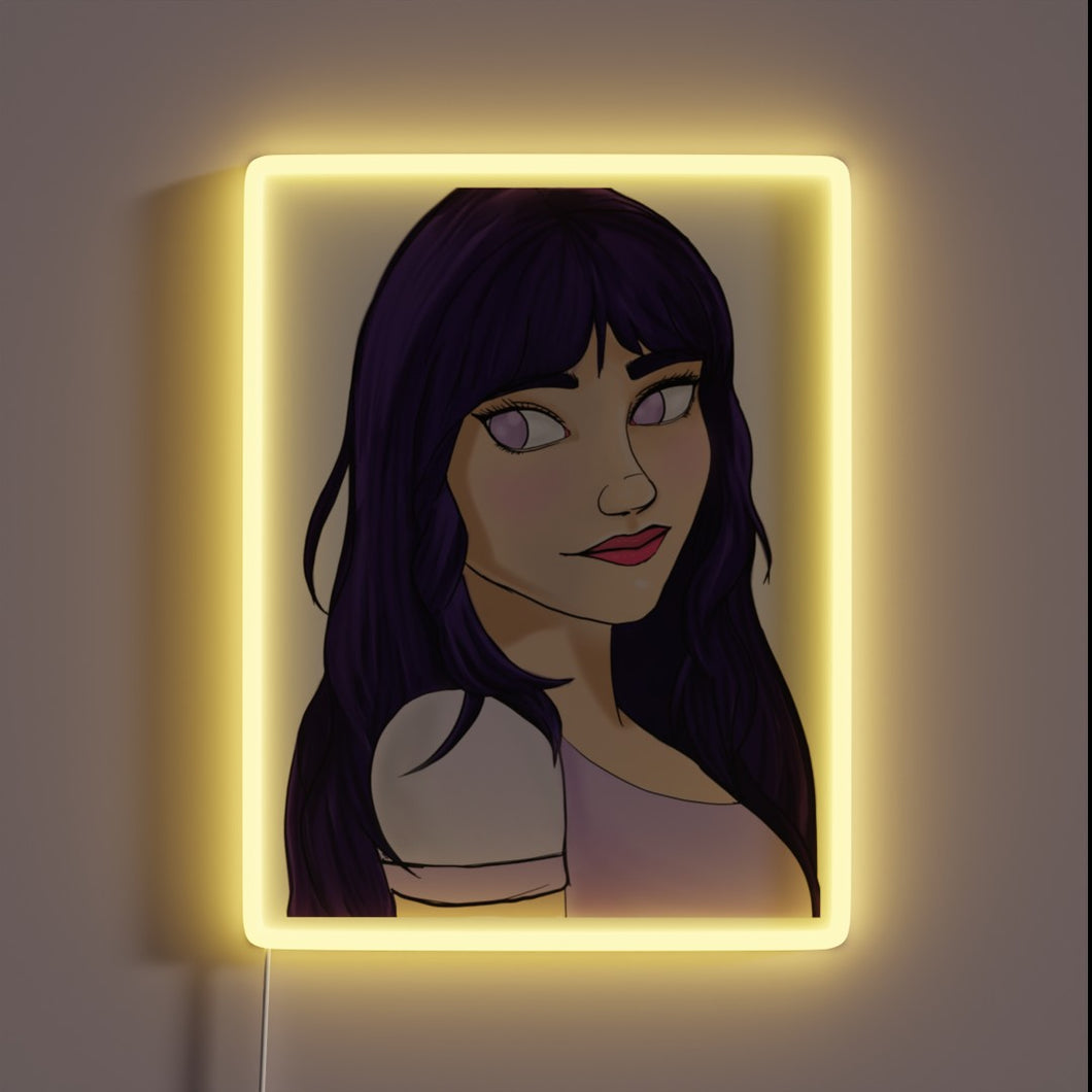 Vibrant neon purple ninja girl silhouette in quiet ambiance