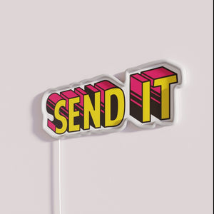 Add vibrant neon ambiance with customizable Send It Super signage.