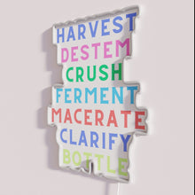 Charger l&#39;image dans la galerie, Vibrant seven step wine making process illuminated in colorful neon
