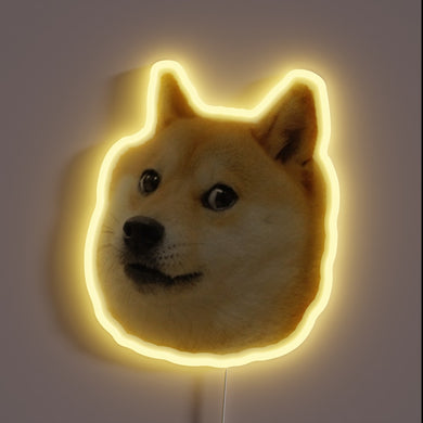 Neon sign of the Doge meme face with a yellow glow.
