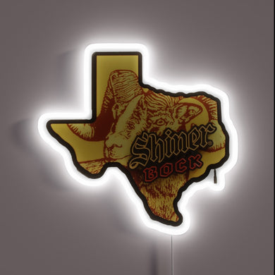 Vibrant RGB neon beer sign featuring Shiner's Texas logo prominently.
