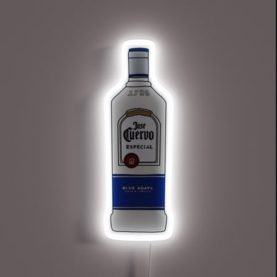 Neon sign shaped like a Jose Cuervo Especial Silver Tequila bottle with white and blue accents and a cool white glow.
