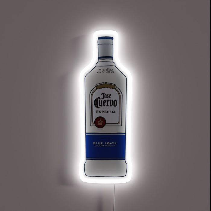 Neon sign shaped like a Jose Cuervo Especial Silver Tequila bottle with white and blue accents and a cool white glow.
