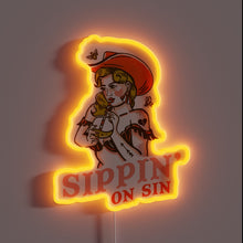 Charger l&#39;image dans la galerie, Sultry cowgirl sips cocktail under neon lights in vibrant colors