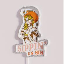 Charger l&#39;image dans la galerie, Vintage western cowgirl pinup style drinking cocktail neon bar decoration.