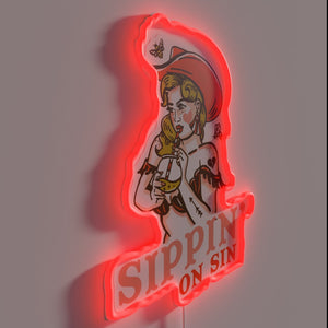 Vintage Western Cowgirl Enjoying a Cocktail Under Neon RGB Lights