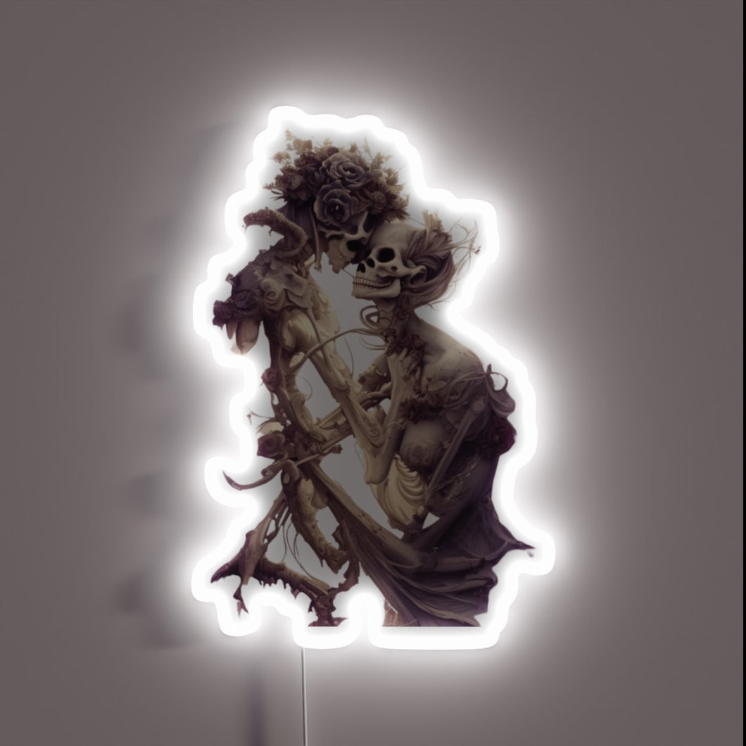 Whimsical Neon Sign Featuring a Lovable Ghostly Skeleton Couple Together.