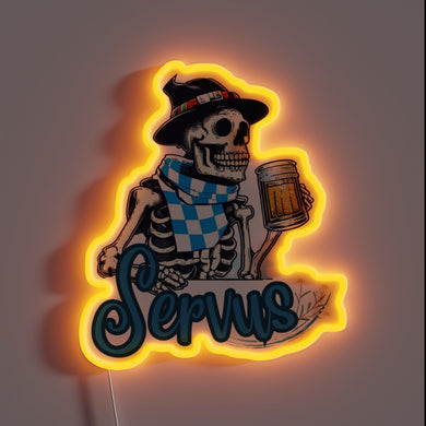 Vibrant Neon Sign Depicting A Skeleton in Traditional Bavarian Gear.