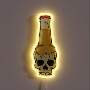 Glowing beer bottle skull decoration with vibrant RGB neon lighting