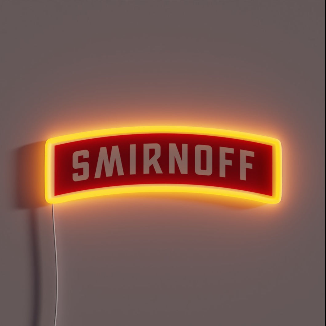 Neon sign shaped like a red Smirnoff vodka label with bold white text and glowing orange outline.

